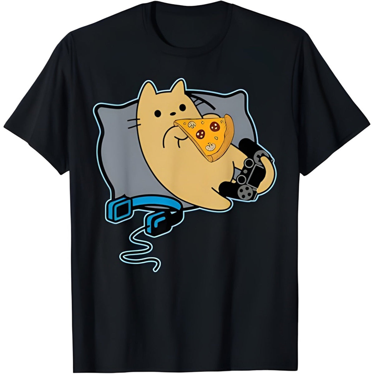 Nerdy Pizza Eating Gamer Cat Game Paused T-Shirt